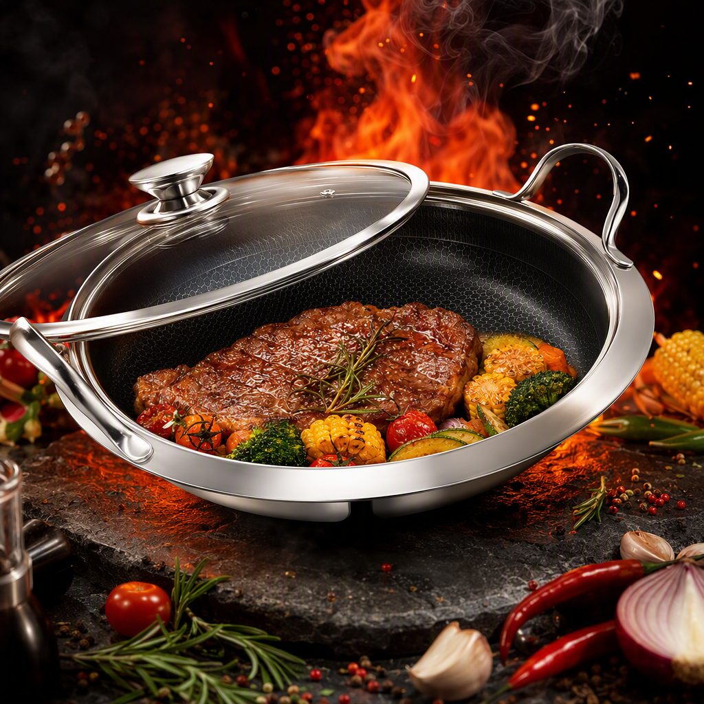 Multi-functional stainless steel 304 three-layer steel frying pan, household heat-resistant and corrosion-resistant kitchenware HRS1106-2