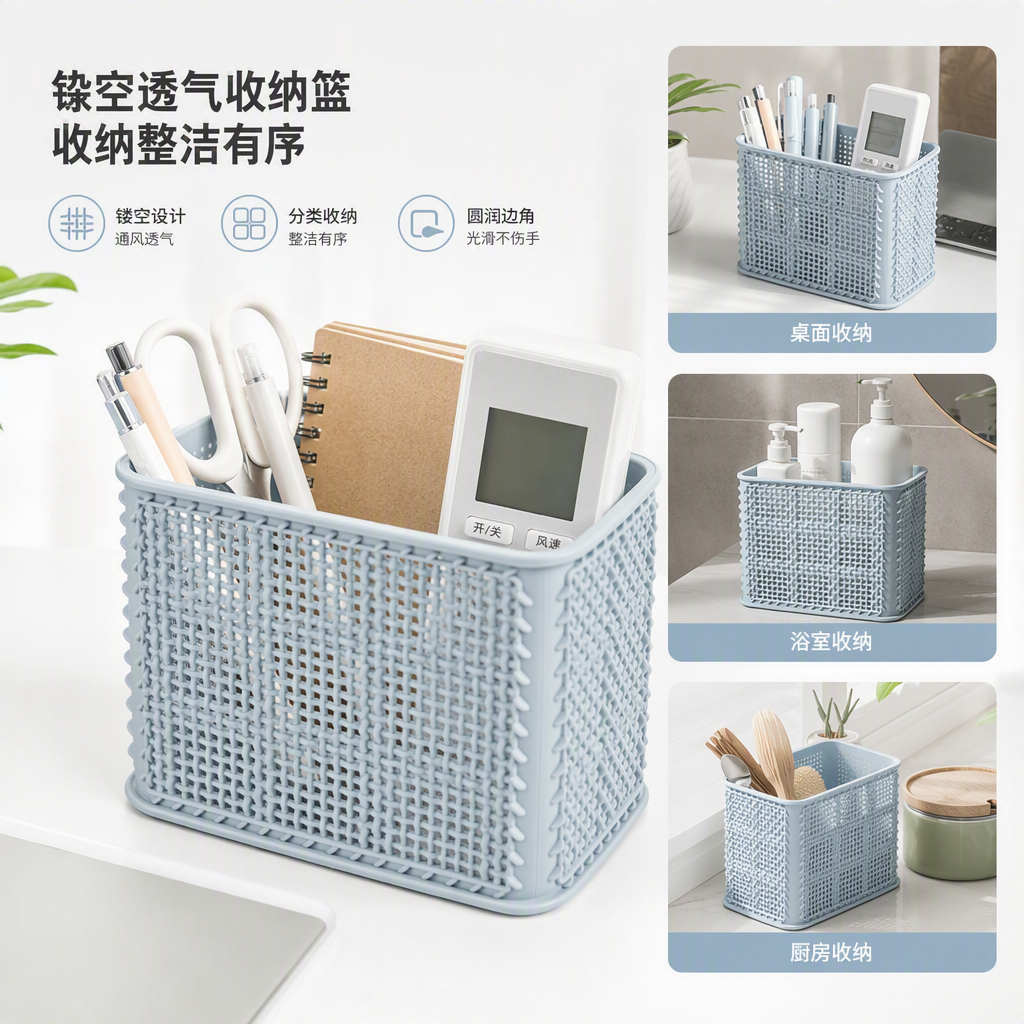 【CL】26Q3#5003 Light gray hollowed-out plastic storage basket, hand-held vegetable basket, multi-functional storage box, bamboo storage basket, plastic basket, organizing box