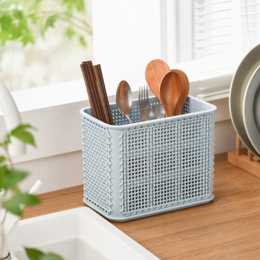 【CL】26Q3#5003 Light gray hollowed-out plastic storage basket, hand-held vegetable basket, multi-functional storage box, bamboo storage basket, plastic basket, organizing box details Picture