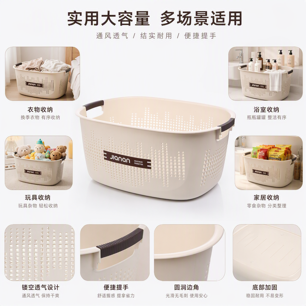 【CL】 26Q3#5037 meters White perforated hand-held plastic storage basket, multi-functional vegetable basket, bamboo storage basket, organizing box, household storage basket