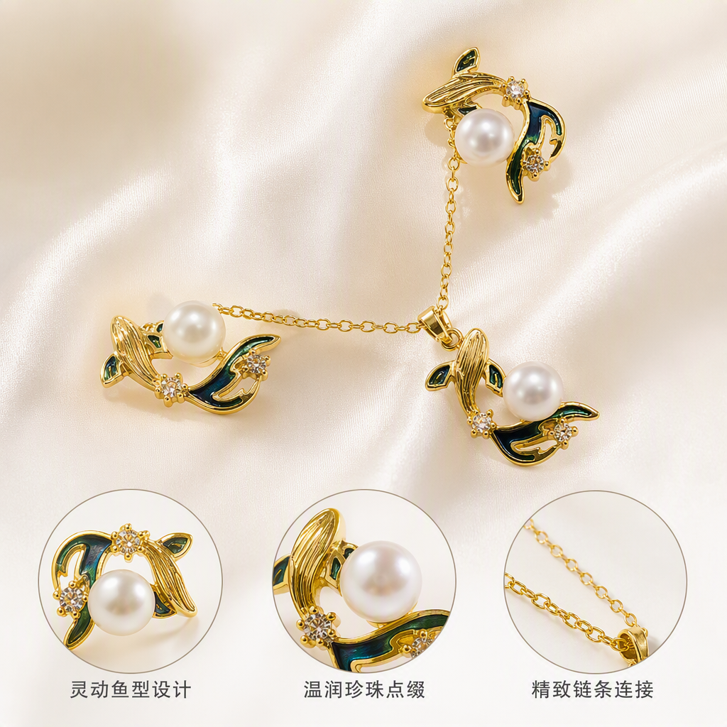 The golden fish-shaped pearl earrings set includes two stud earrings and a pendant. It is decorated with blue and green enamel pearl zircon and stored in a white velvet box