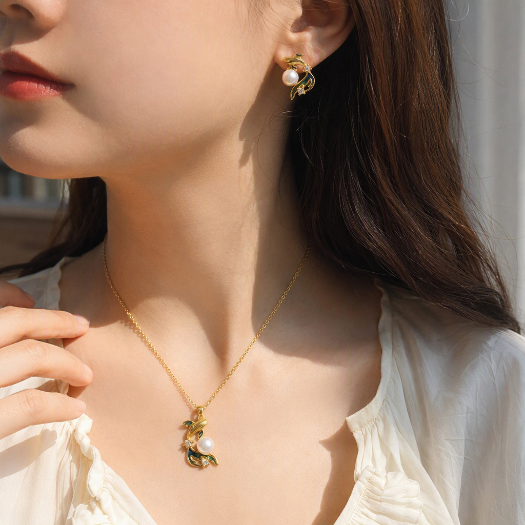 The golden fish-shaped pearl earrings set includes two stud earrings and a pendant. It is decorated with blue and green enamel pearl zircon and stored in a white velvet box details Picture
