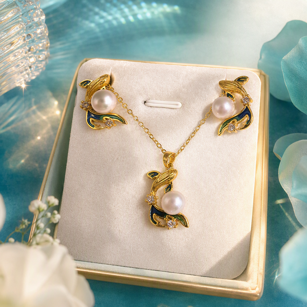 The golden fish-shaped pearl earrings set includes two stud earrings and a pendant. It is decorated with blue and green enamel pearl zircon and stored in a white velvet box Specification image