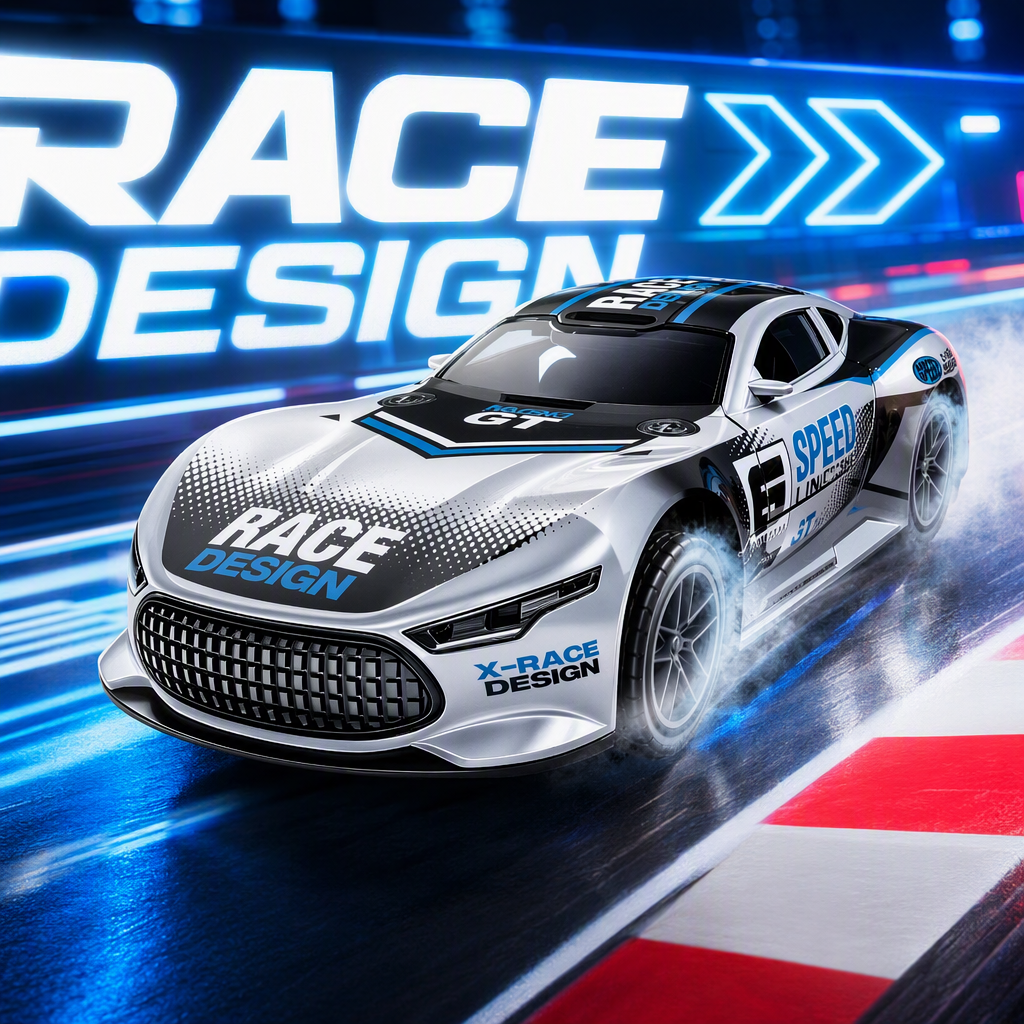 Simulación racing racing plateado blanco negro azul pintado neumáticos resistentes a golpes cola exquisita carrocería estampado RACE DESIGN X-RACE track background modelos juguetes Specification image