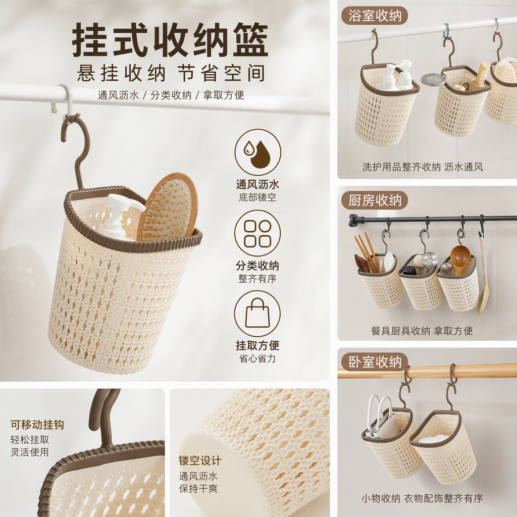 【CL】 26Q3#5067 Beige woven bathroom storage hand-held vegetable basket, multi-functional storage basket, plastic storage box, organizing basket