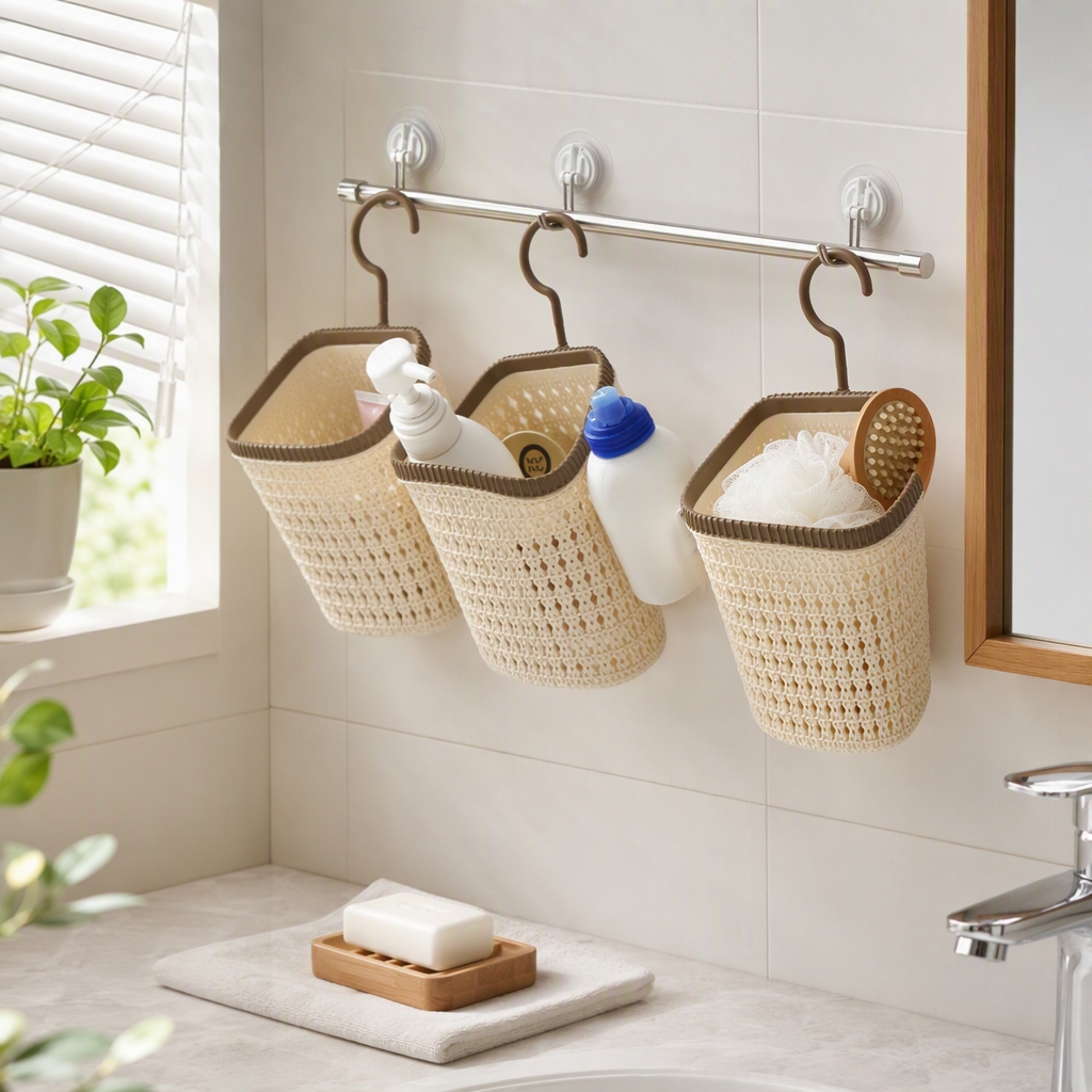 【CL】 26Q3#5067 Beige woven bathroom storage hand-held vegetable basket, multi-functional storage basket, plastic storage box, organizing basket details Picture