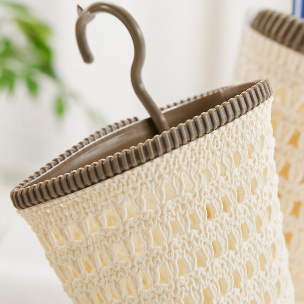 【CL】 26Q3#5067 Beige woven bathroom storage hand-held vegetable basket, multi-functional storage basket, plastic storage box, organizing basket Specification image