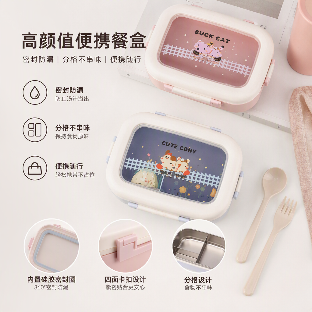 【CL】26Q1#6966 Pink lid insulated lunch box, multi-functional portable instant noodle bowl, student tableware storage box