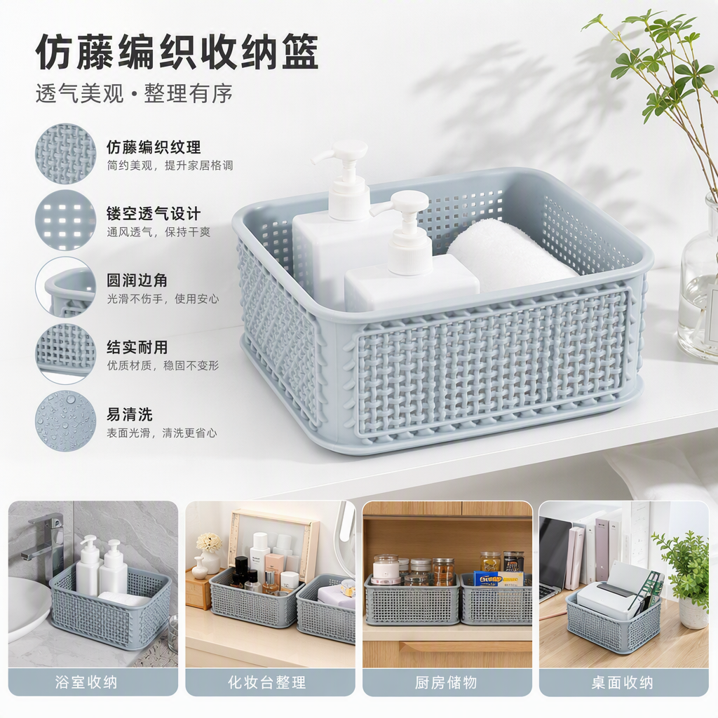 【CL】26Q3#5002 light grey hand-held plastic storage basket, multi-functional storage basket, home organization and storage box, made of bamboo, simple and practical