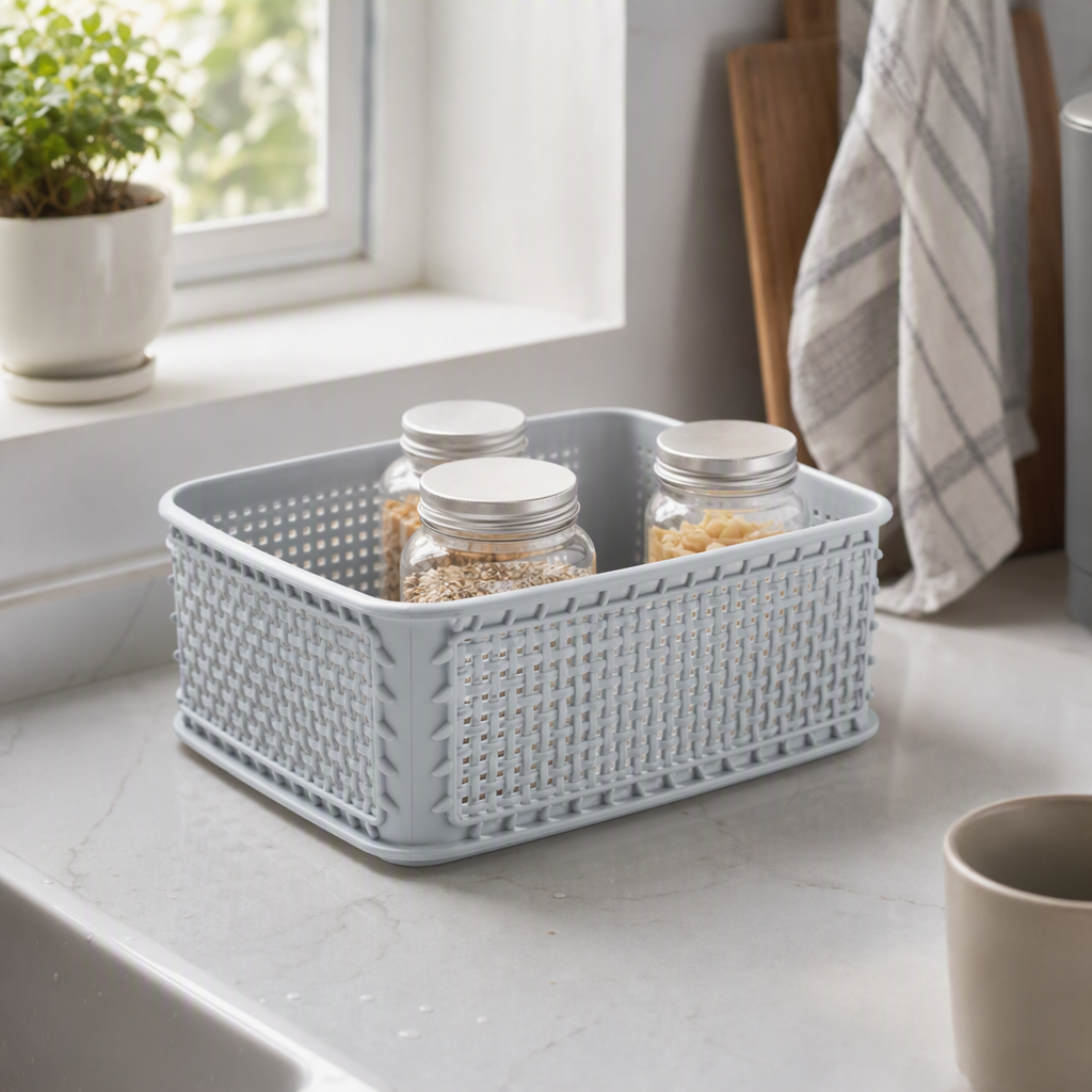 【CL】26Q3#5002 light grey hand-held plastic storage basket, multi-functional storage basket, home organization and storage box, made of bamboo, simple and practical details Picture