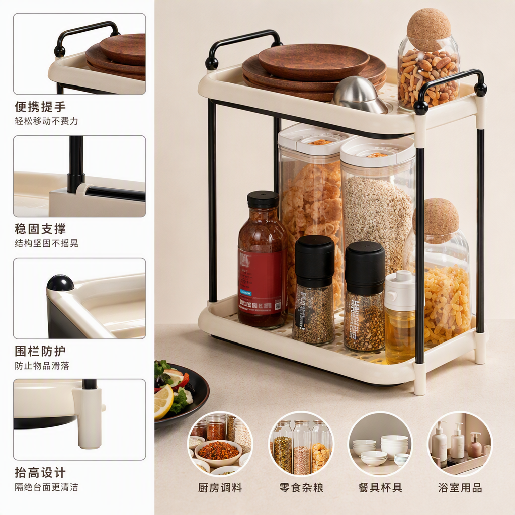 【CL】26Q1#6839-2 Beige double-layer perforated board bathroom storage and organization rack, mobile bedside storage rack, multi-functional storage rack