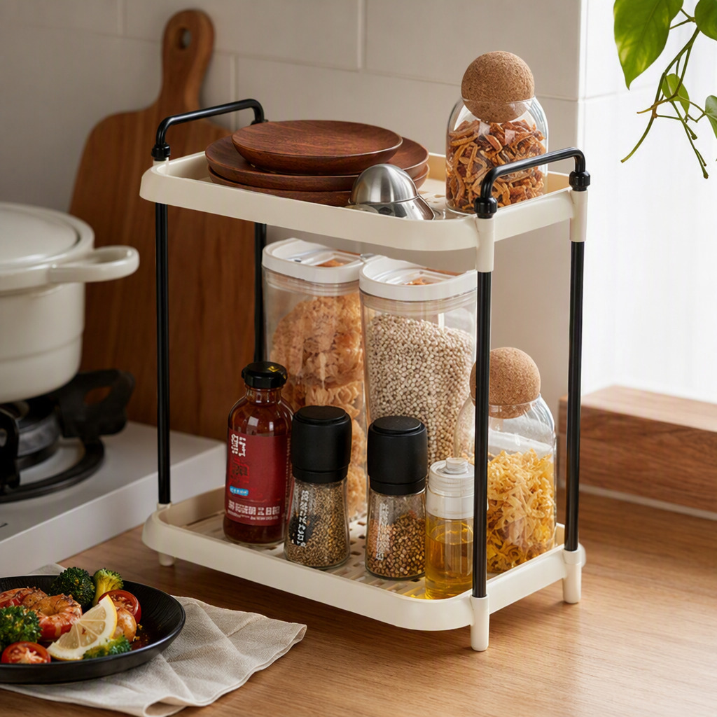 【CL】26Q1#6839-2 Beige double-layer perforated board bathroom storage and organization rack, mobile bedside storage rack, multi-functional storage rack details Picture