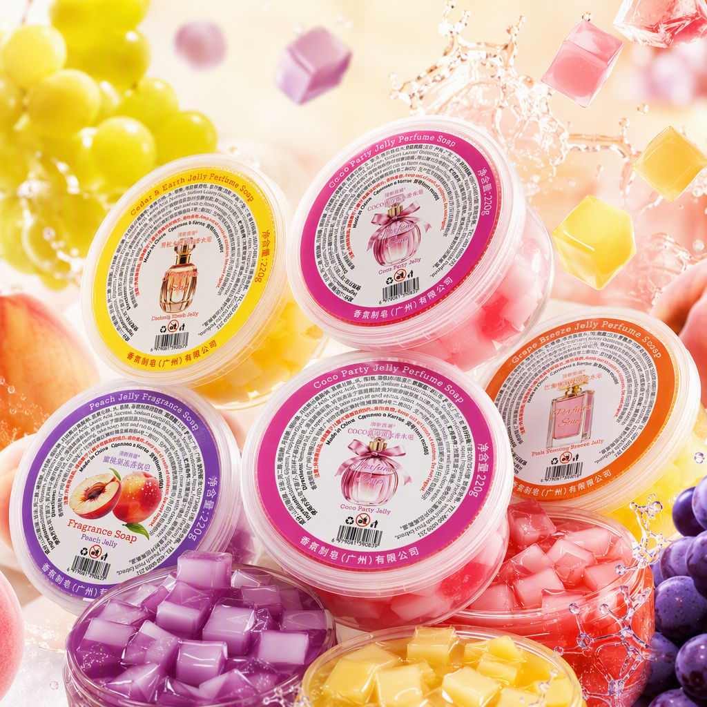 Colorful label scented jelly soap, round packaging, multiple styles, long-lasting fragrance, fresh and moisturizing, suitable for gift-giving Specification image