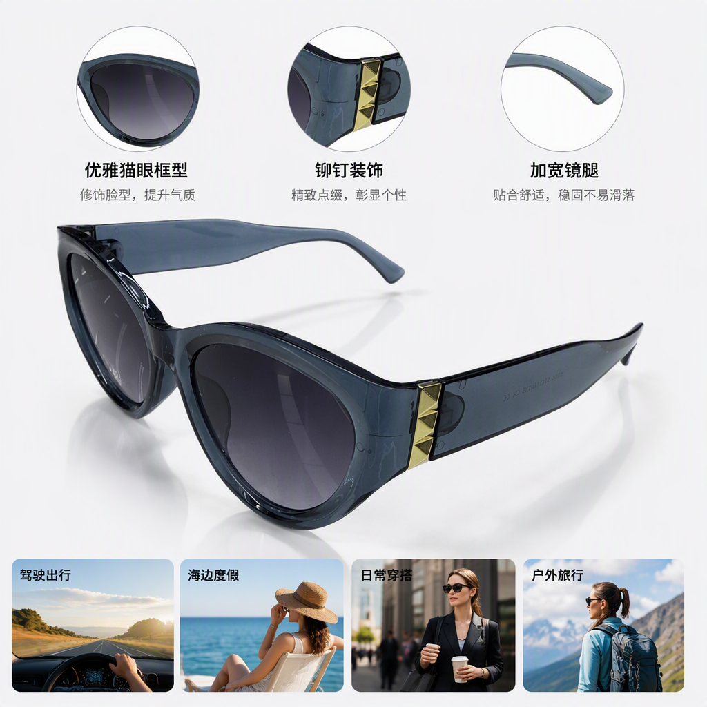 Fashionable dark grey cat-eye sunglasses, polarized and UV-resistant for women, trendy and versatile sunglasses for women