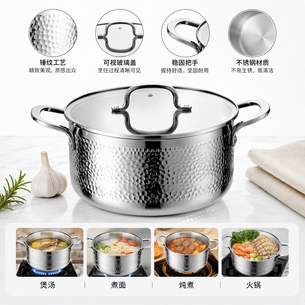Multifunctional household stainless steel pot, heat-resistant and durable. Kitchen pot for stewing soup, cooking porridge, frying and stir-frying. HRS1105-3 details Picture