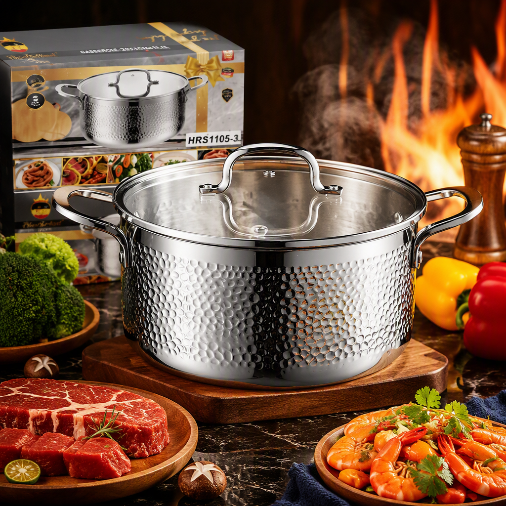 Multifunctional household stainless steel pot, heat-resistant and durable. Kitchen pot for stewing soup, cooking porridge, frying and stir-frying. HRS1105-3 Application Scenario
