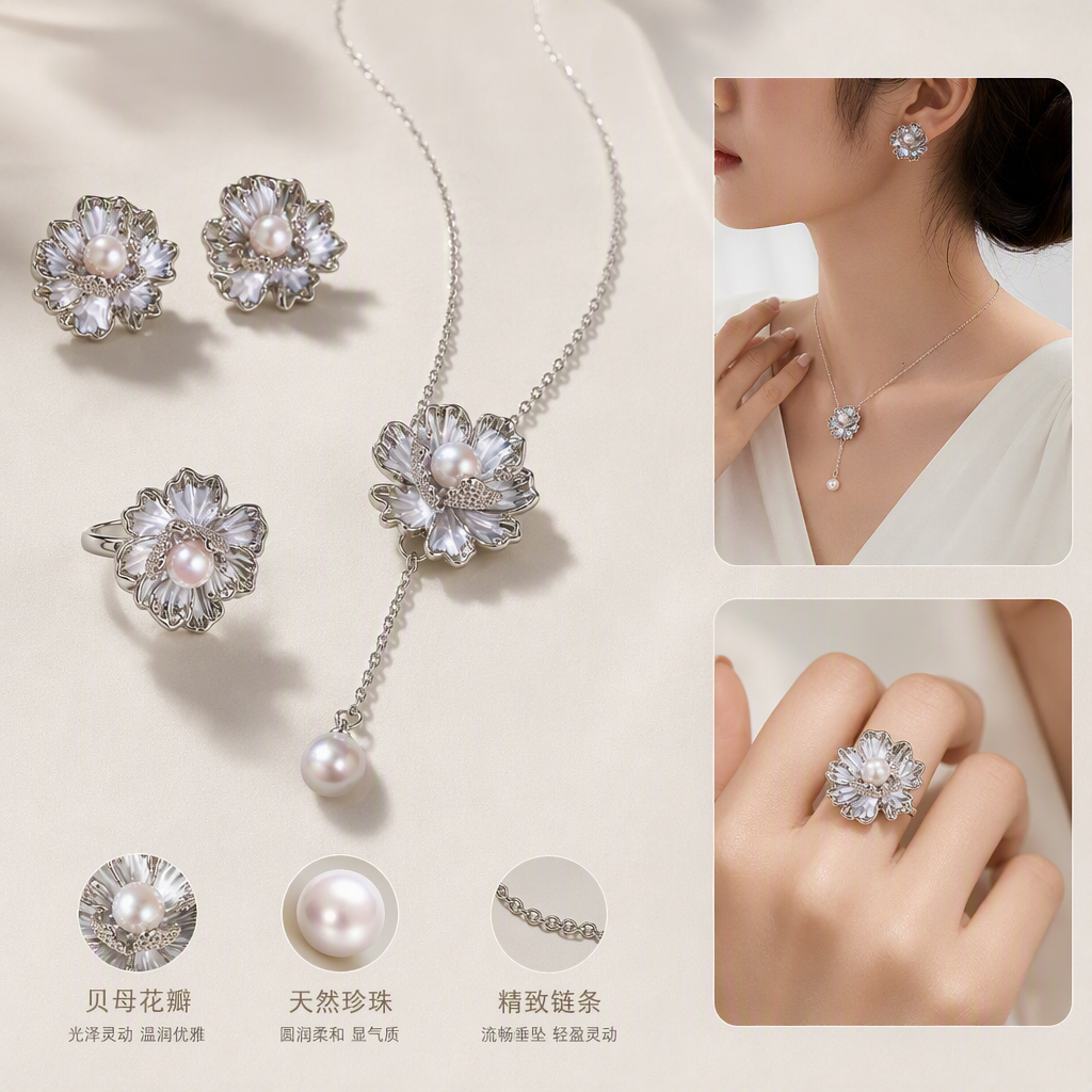 The blue gift box set of silver pearl flower jewelry is a fashionable and elegant gift