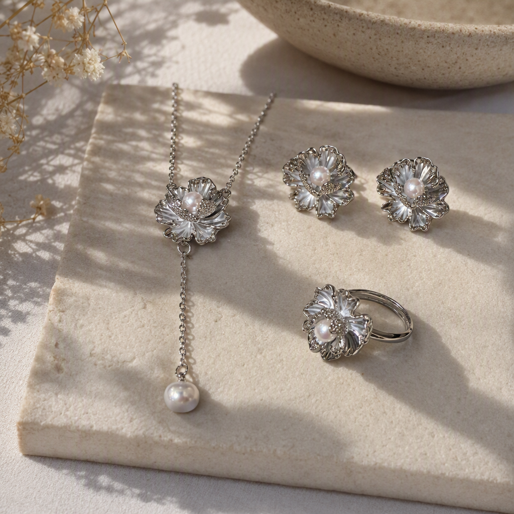The blue gift box set of silver pearl flower jewelry is a fashionable and elegant gift details Picture