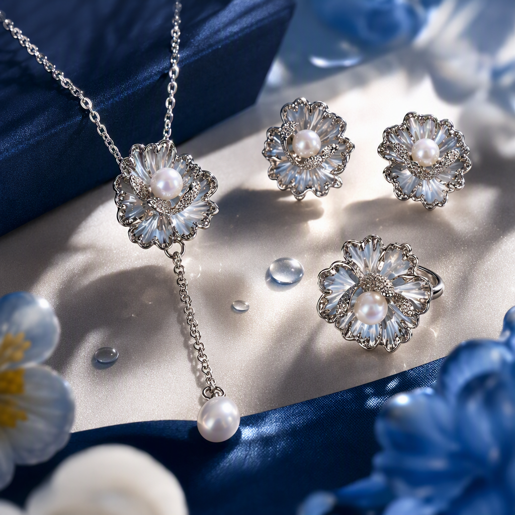 The blue gift box set of silver pearl flower jewelry is a fashionable and elegant gift Specification image