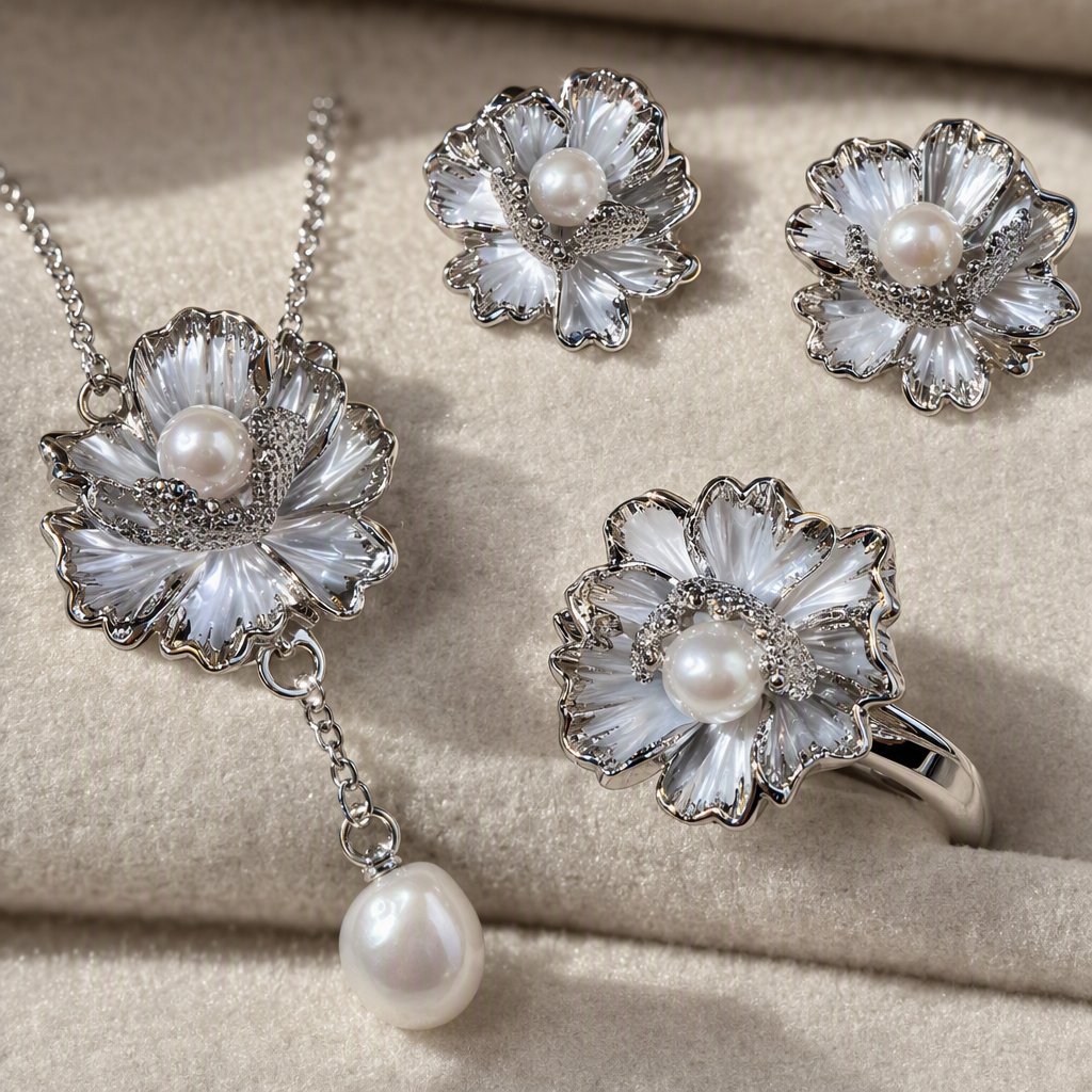 The blue gift box set of silver pearl flower jewelry is a fashionable and elegant gift Application Scenario