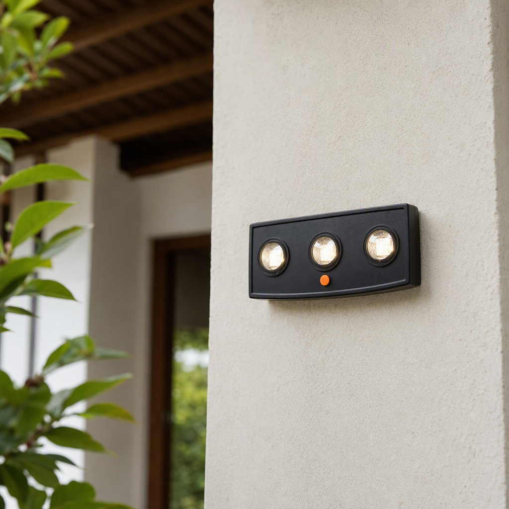 The RGB solar wall lamp features multiple color three-lamp and four-lamp devices, with an orange button in the middle controlling the safety warning light lighting equipment details Picture