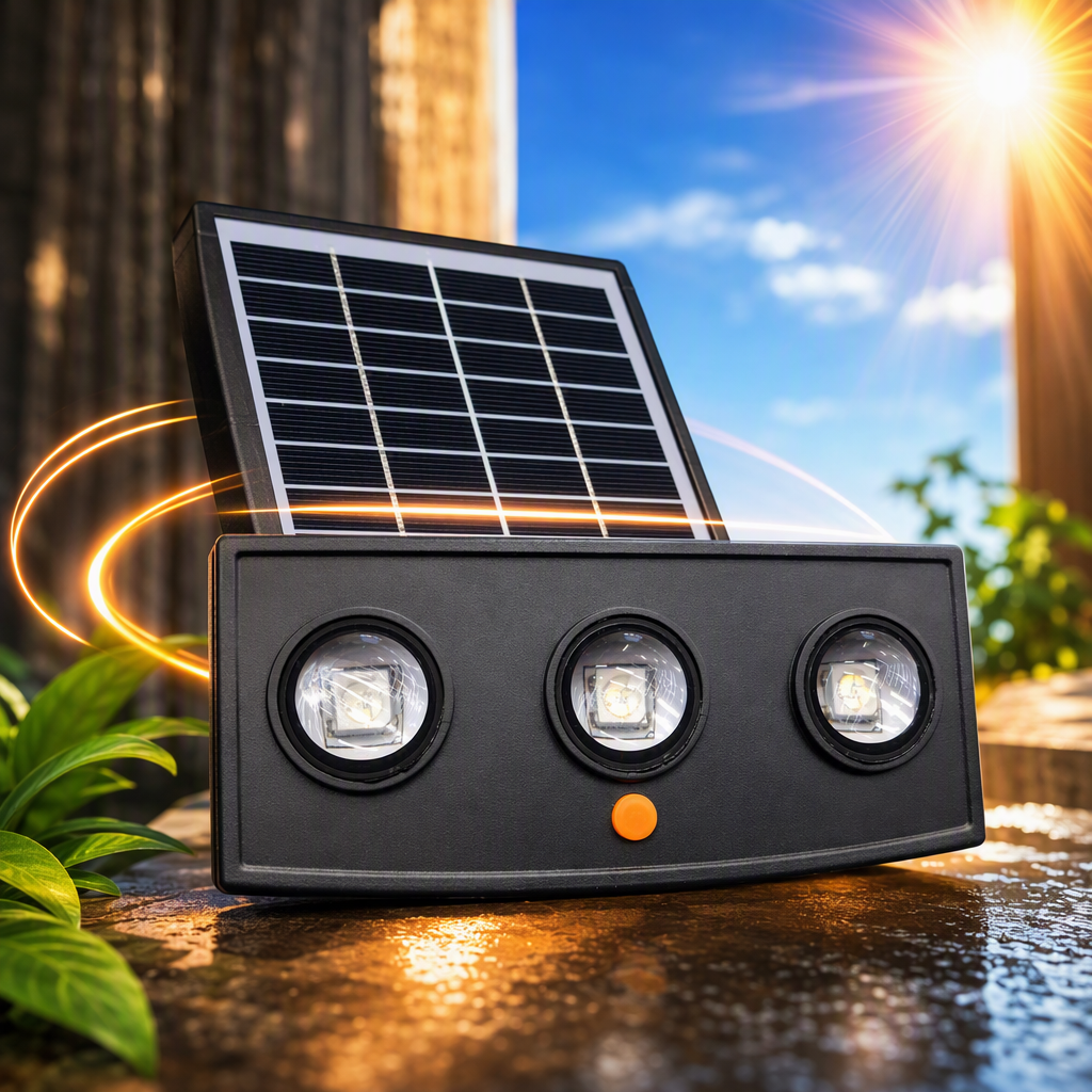 The RGB solar wall lamp features multiple color three-lamp and four-lamp devices, with an orange button in the middle controlling the safety warning light lighting equipment Specification image