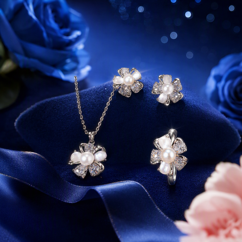 A blue jewelry box with white padding, silver flowers, pearls, diamonds, necklaces, stud rings, and a fashionable and elegant accessory gift box Specification image