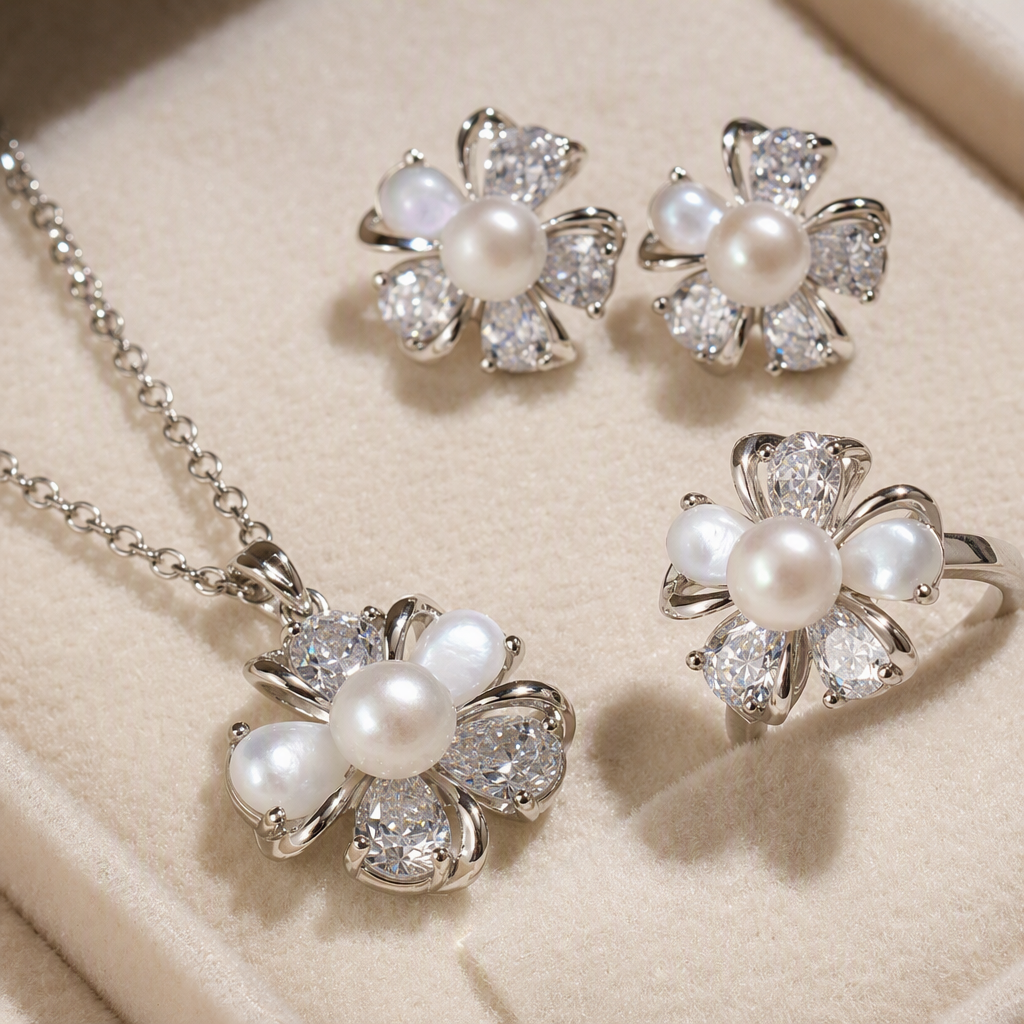 A blue jewelry box with white padding, silver flowers, pearls, diamonds, necklaces, stud rings, and a fashionable and elegant accessory gift box Application Scenario