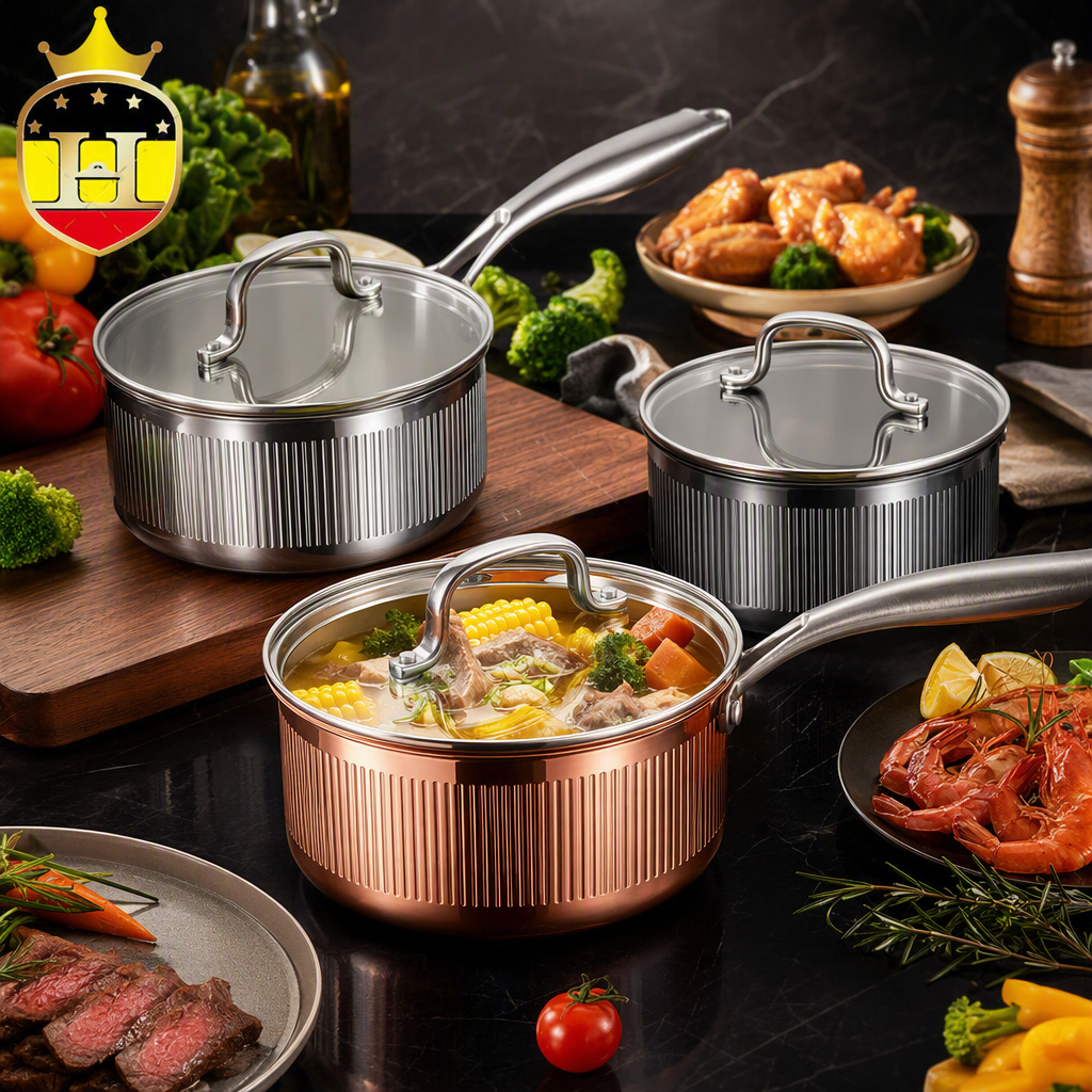 Multi-functional kitchenware set, household pot and pot combination, kitchen cookware and pot set, heat-resistant, durable and practical, silver model HRS1129-2 Application Scenario