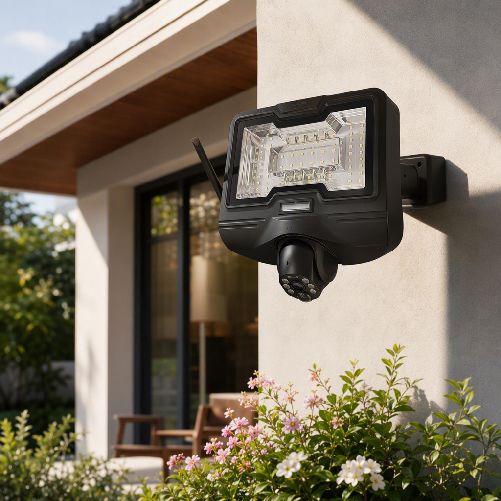 Dupson black solar floodlight strip camera, outdoor waterproof monitoring, night scene lighting, intelligent security equipment, two-way voice, WIFI/4G high-definition camera details Picture
