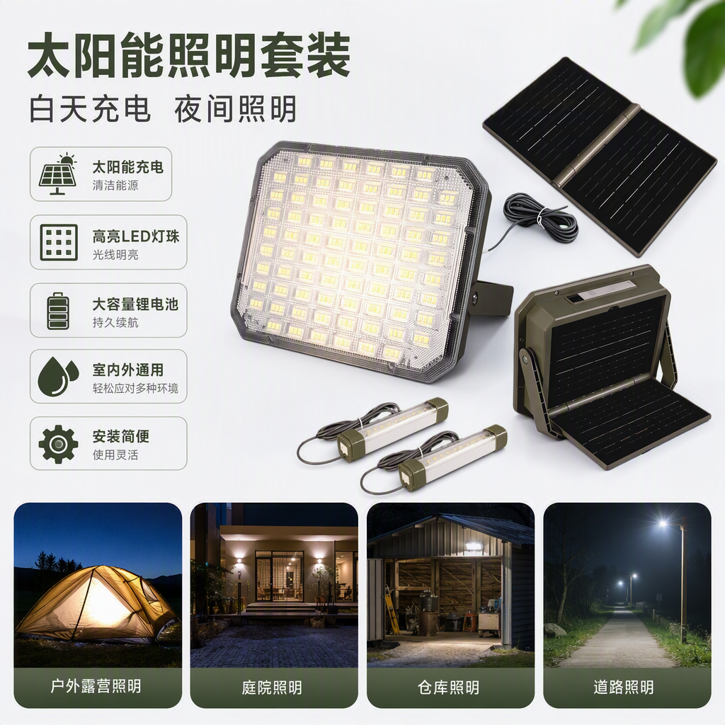 Solar-powered high-brightness LED floodlight body, outdoor courtyard waterproof, energy-saving and environmentally friendly lighting fixture, equipped with 2 low-voltage tubes