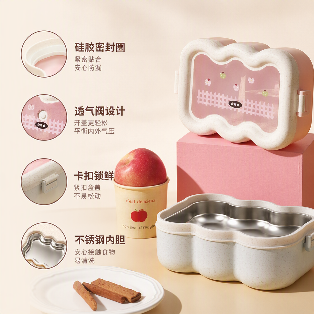 【CL】 26Q1#6964 Pink wavy edge lunch box, food storage container, portable instant noodle bowl, student tableware, durable and practical