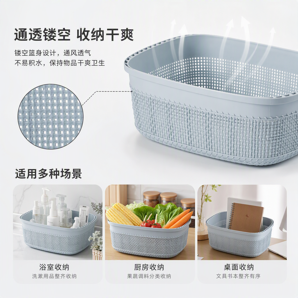 【CL】26Q3#5007 Light blue portable plastic storage basket, multi-functional storage basket, home organizing and storage box, bamboo vegetable basket, plastic basket, storage basket