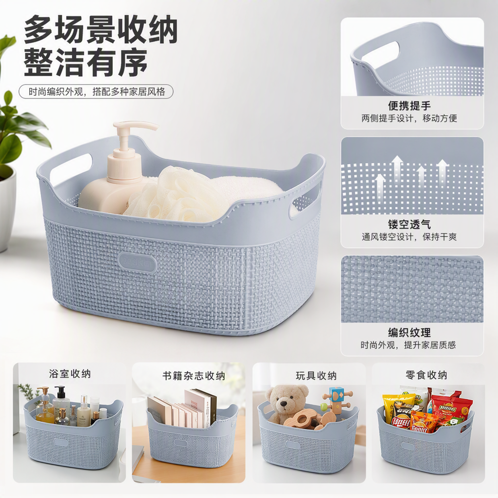 【CL】26Q3#5006 light grey woven texture hand-held multi-functional storage basket, storage basket, plastic bamboo organizing box, household storage supplies