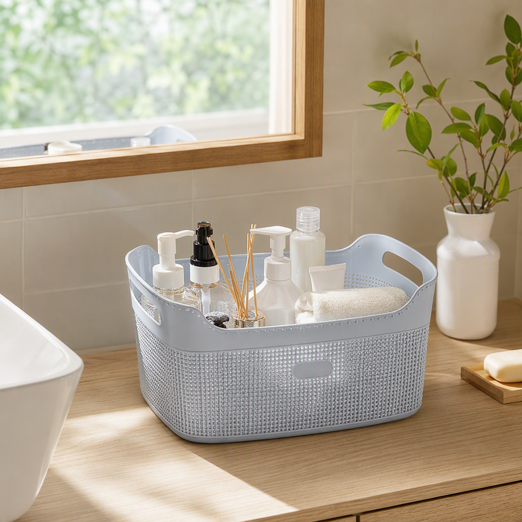 【CL】26Q3#5006 light grey woven texture hand-held multi-functional storage basket, storage basket, plastic bamboo organizing box, household storage supplies details Picture