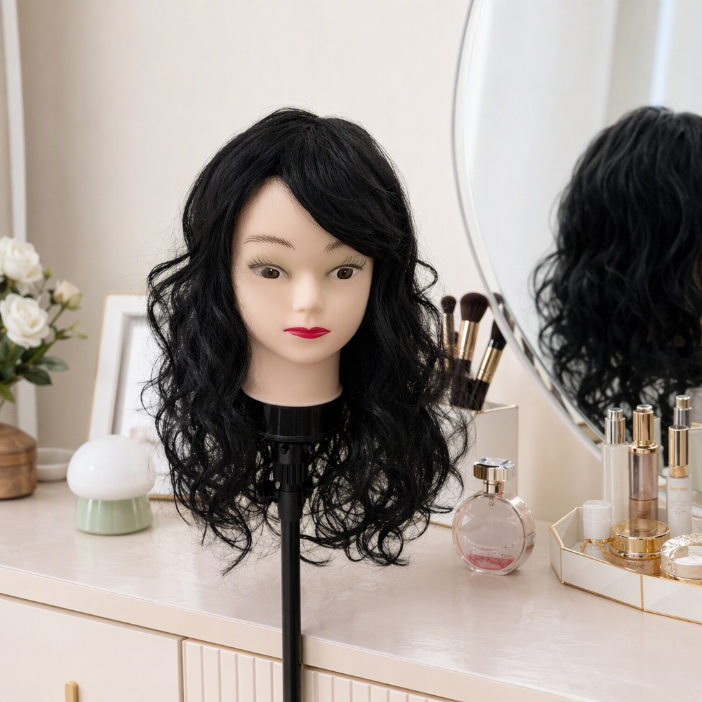 Professional black curly hair dummy head model beauty makeup practice hairstyle display supplies details Picture