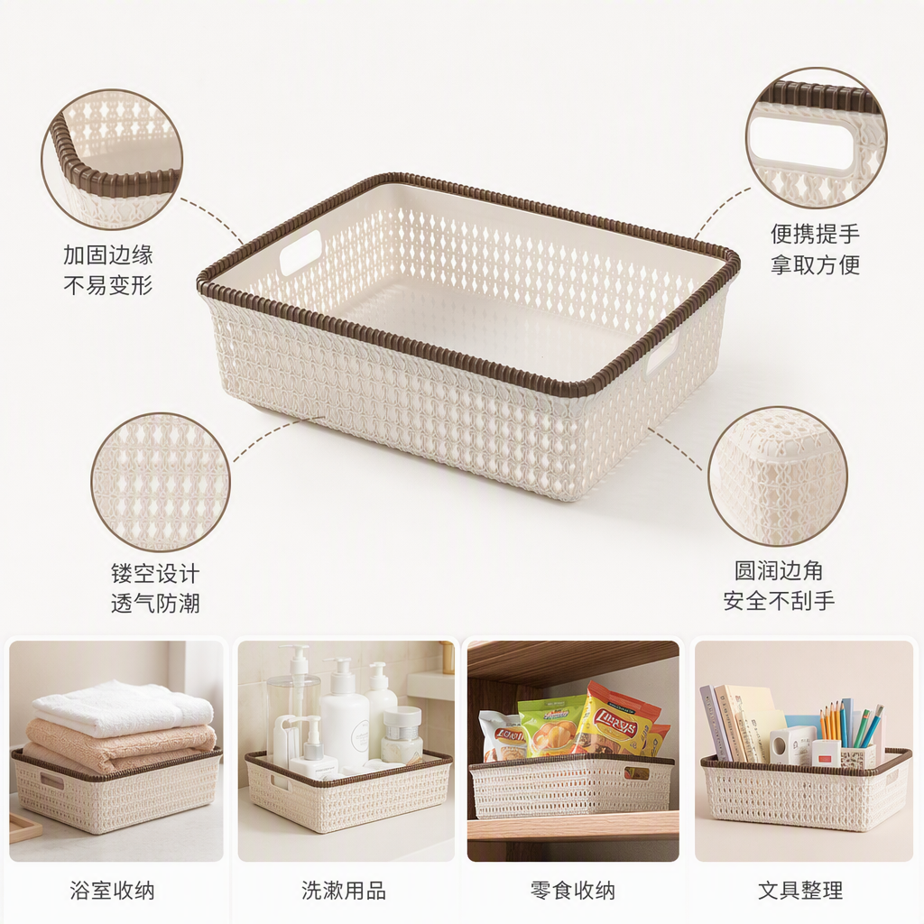 【CL】26Q3#5065 meters white hand-held woven storage basket, multi-functional bamboo plastic vegetable basket, sorting box, household storage basket