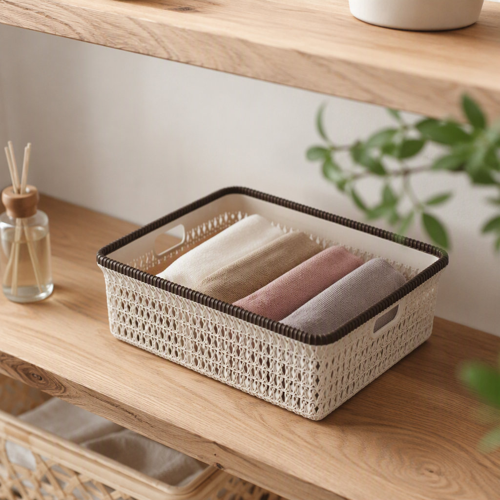 【CL】26Q3#5065 meters white hand-held woven storage basket, multi-functional bamboo plastic vegetable basket, sorting box, household storage basket details Picture