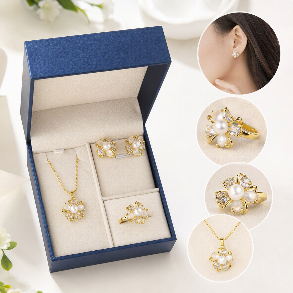 Blue gift box, pearl and flower jewelry set, necklace, stud ring, elegant and fashionable gift decoration