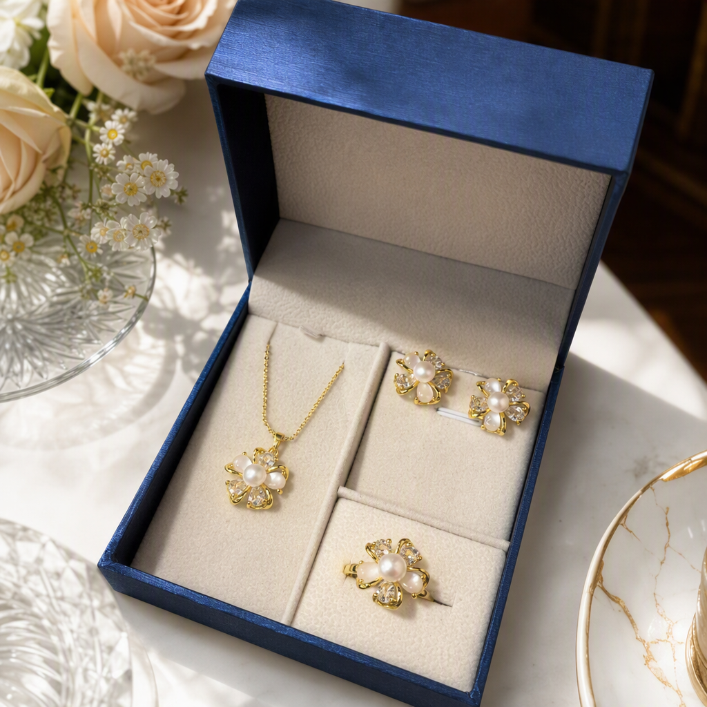 Blue gift box, pearl and flower jewelry set, necklace, stud ring, elegant and fashionable gift decoration details Picture