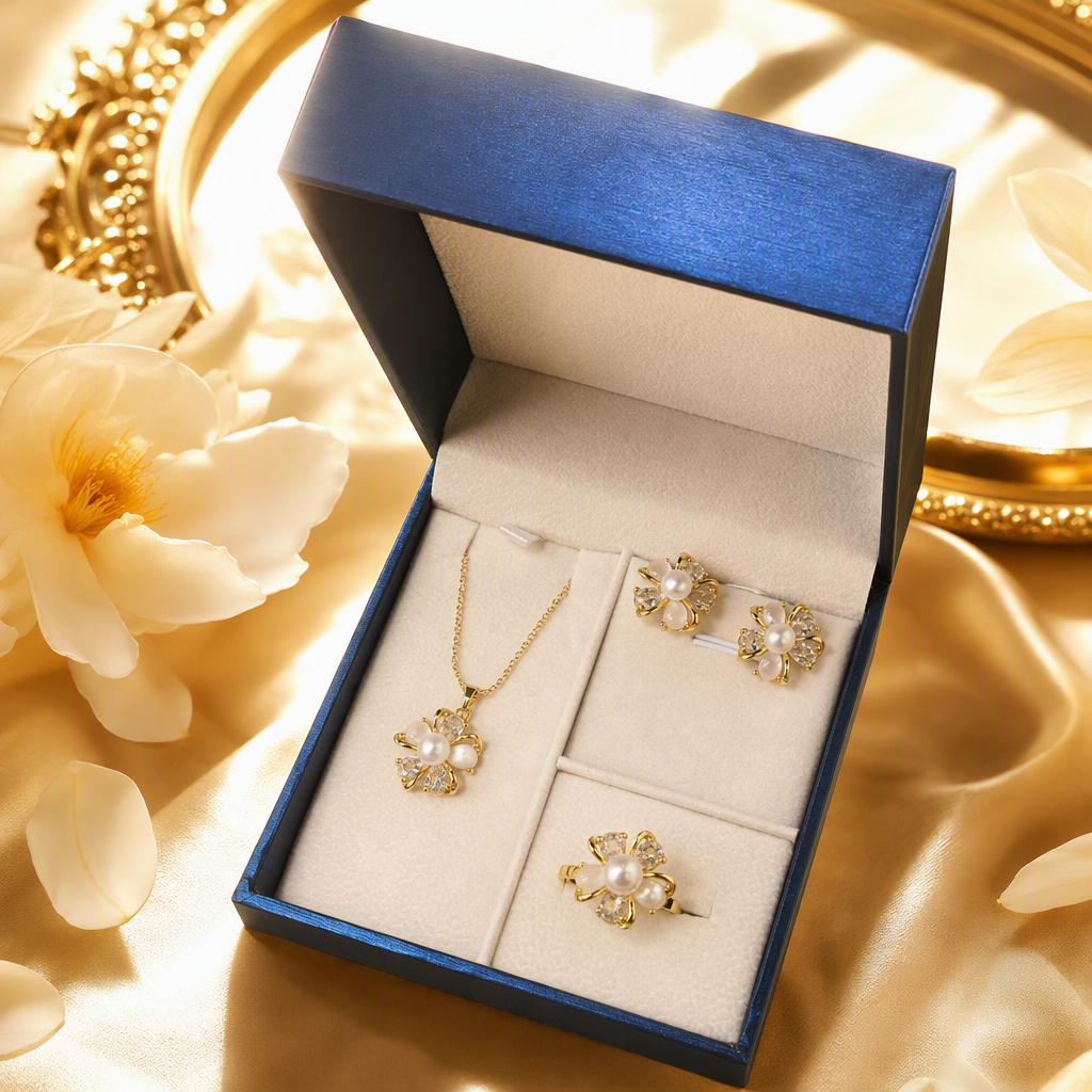 Blue gift box, pearl and flower jewelry set, necklace, stud ring, elegant and fashionable gift decoration Specification image