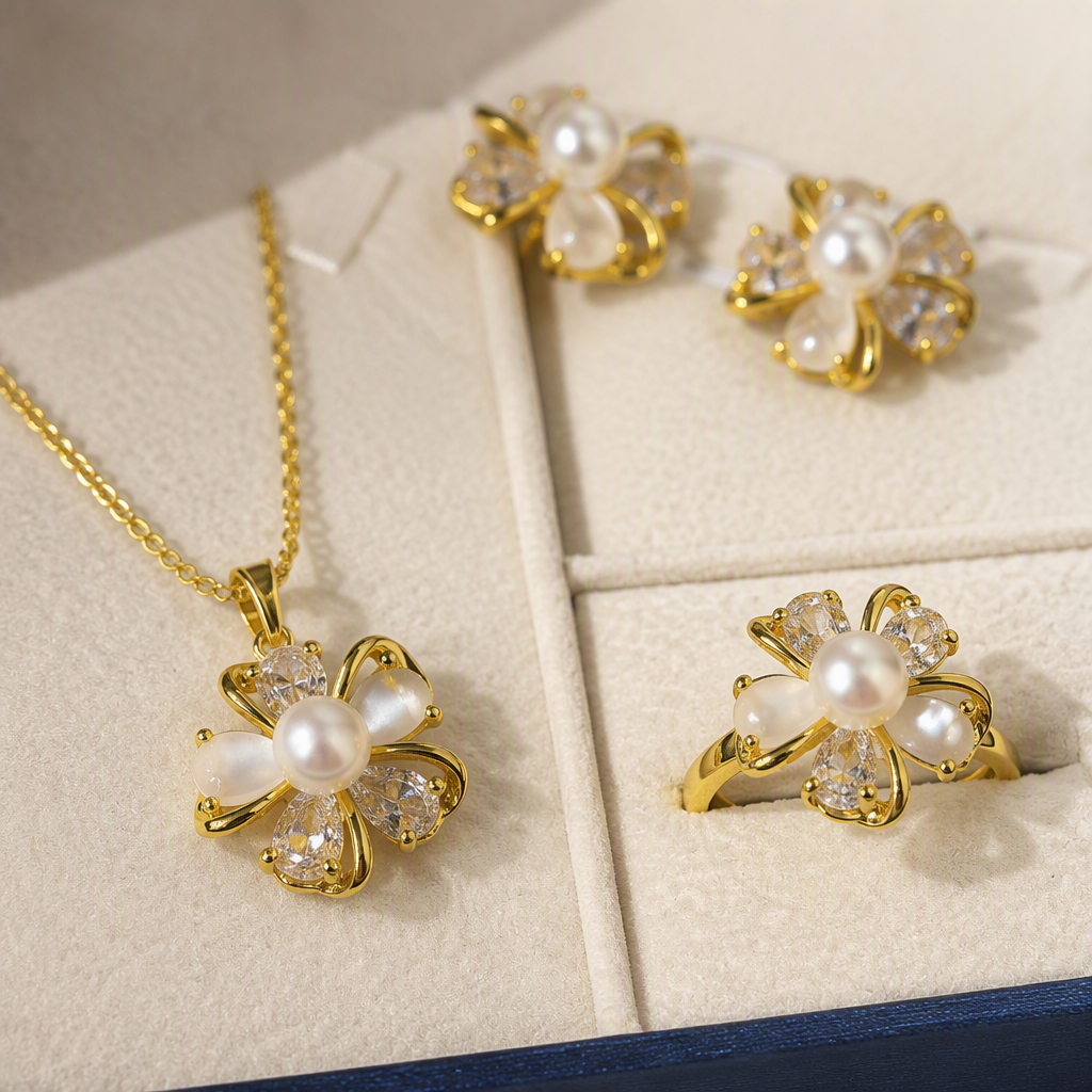 Blue gift box, pearl and flower jewelry set, necklace, stud ring, elegant and fashionable gift decoration Application Scenario