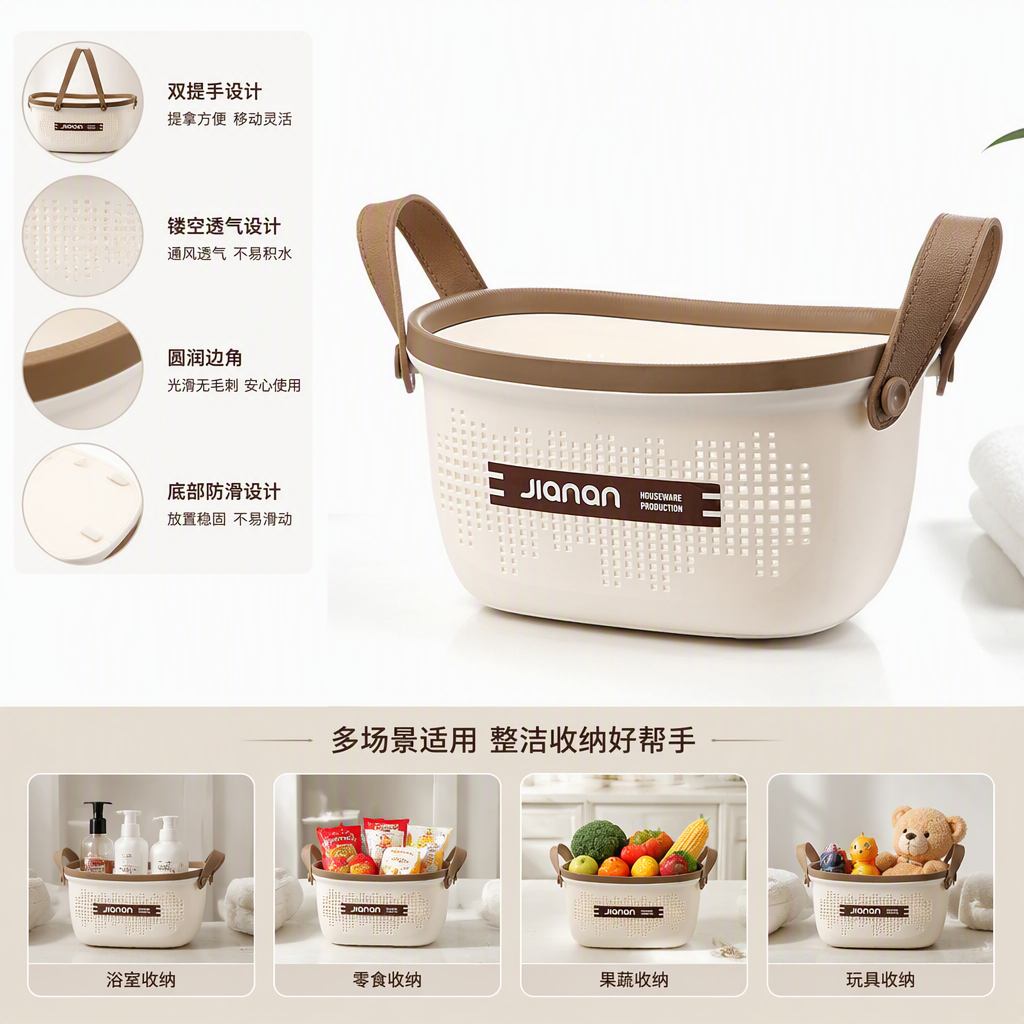 [CL] 26Q3#5039 metros blanco con agujeros cesta de almacenamiento de plástico cesta de cocina de mano marco de bisel asa de cuero cesta de almacenamiento de bambú caja de organizador multifuncional