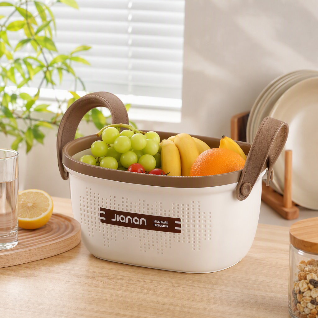 [CL] 26Q3#5039 metros blanco con agujeros cesta de almacenamiento de plástico cesta de cocina de mano marco de bisel asa de cuero cesta de almacenamiento de bambú caja de organizador multifuncional details Picture