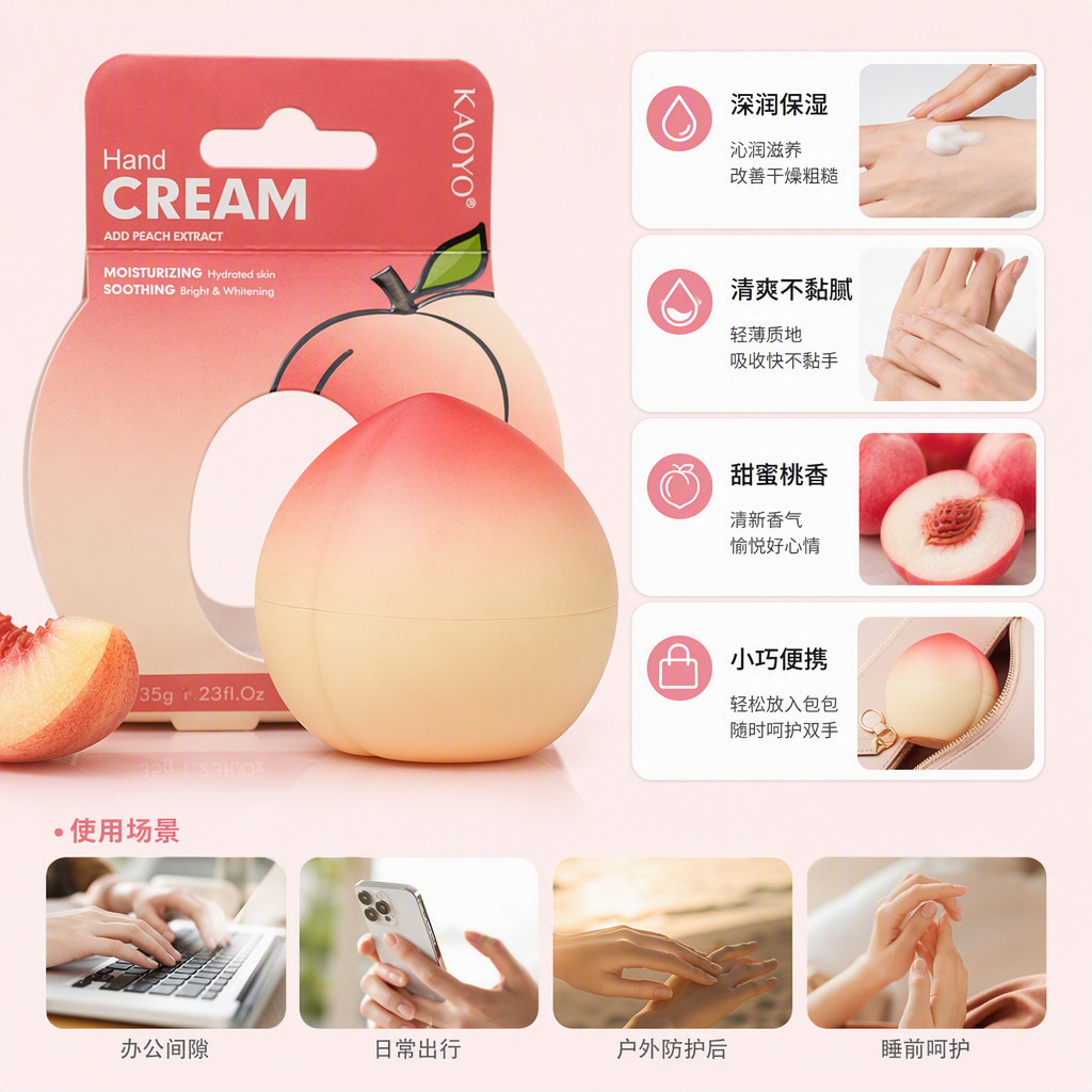 Colorful fruit-shaped hand cream set: green pear-shaped, red strawberry-shaped, pink peach-shaped, apple gradient packaging. Cute and moisturizing hand cream gift box