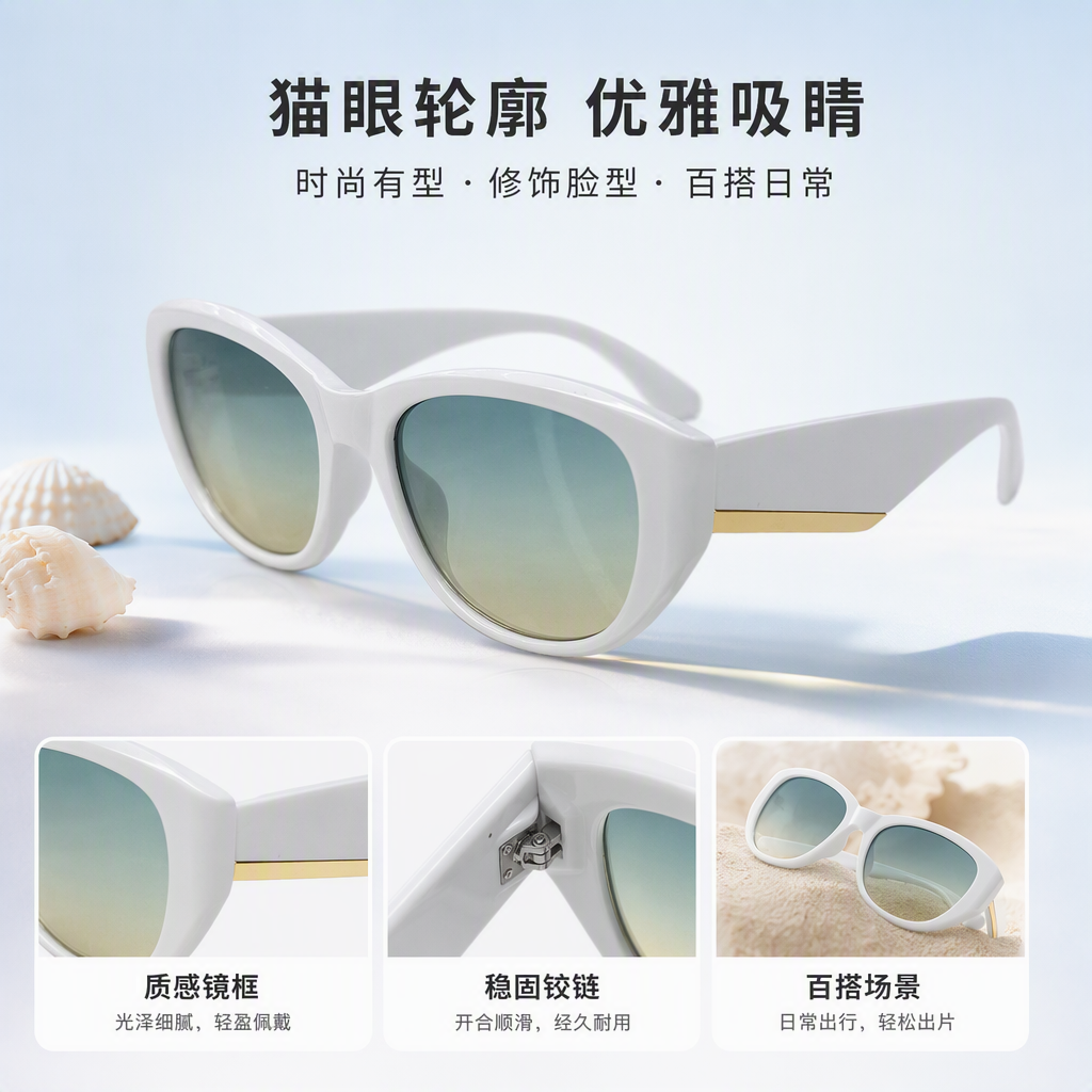 Fashionable white cat-eye sunglasses, UV-blocking polarized sunglasses, trendy and versatile sunglasses for women