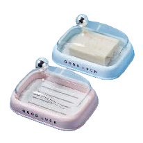 【CL】26Q1#6984 Pink and blue dual-color soap box, ceramic lid, metal handle, placed on checkered tiles, soap drainage storage rack, toothbrush and towel ornaments Application Scenario