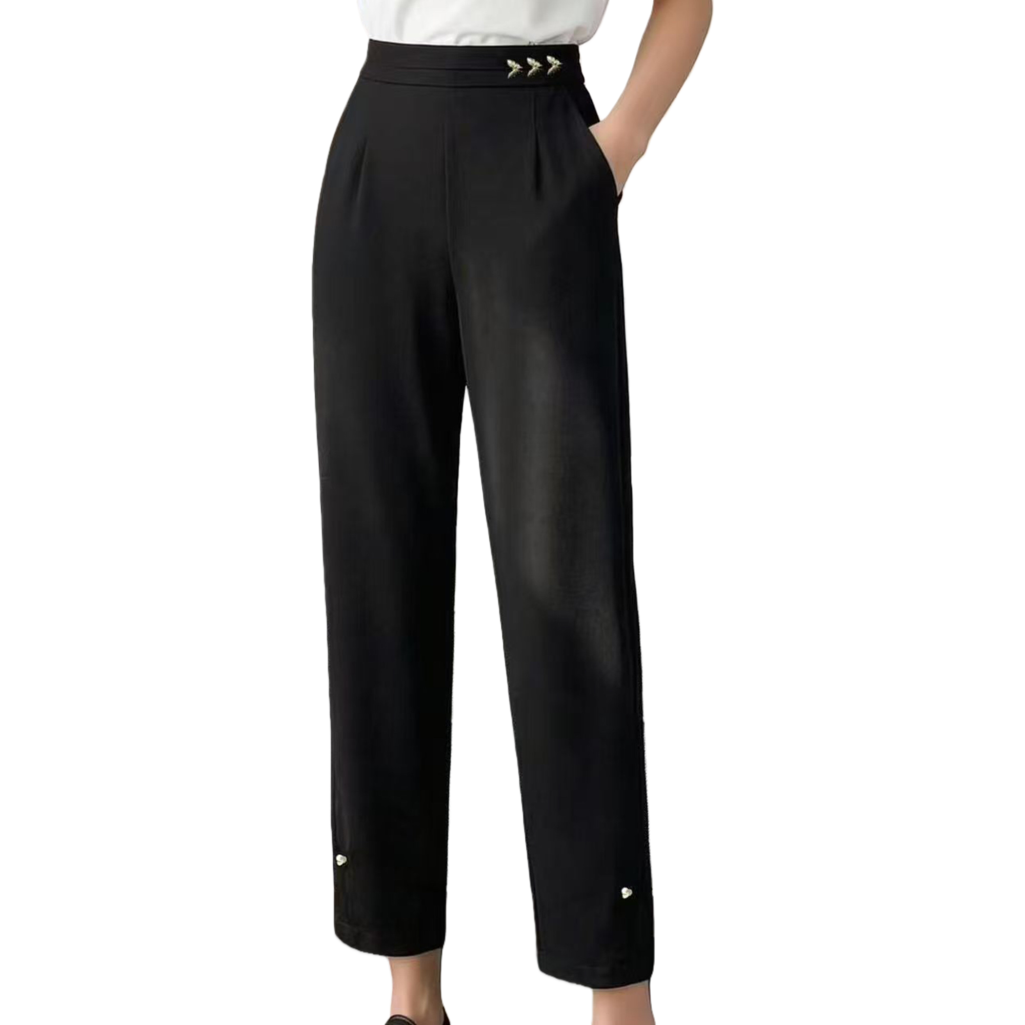 Moda versátil cintura alta pantalones de pierna ancha mujeres pantalones sueltos casual look slim negro tendencia nuevo Item Picture