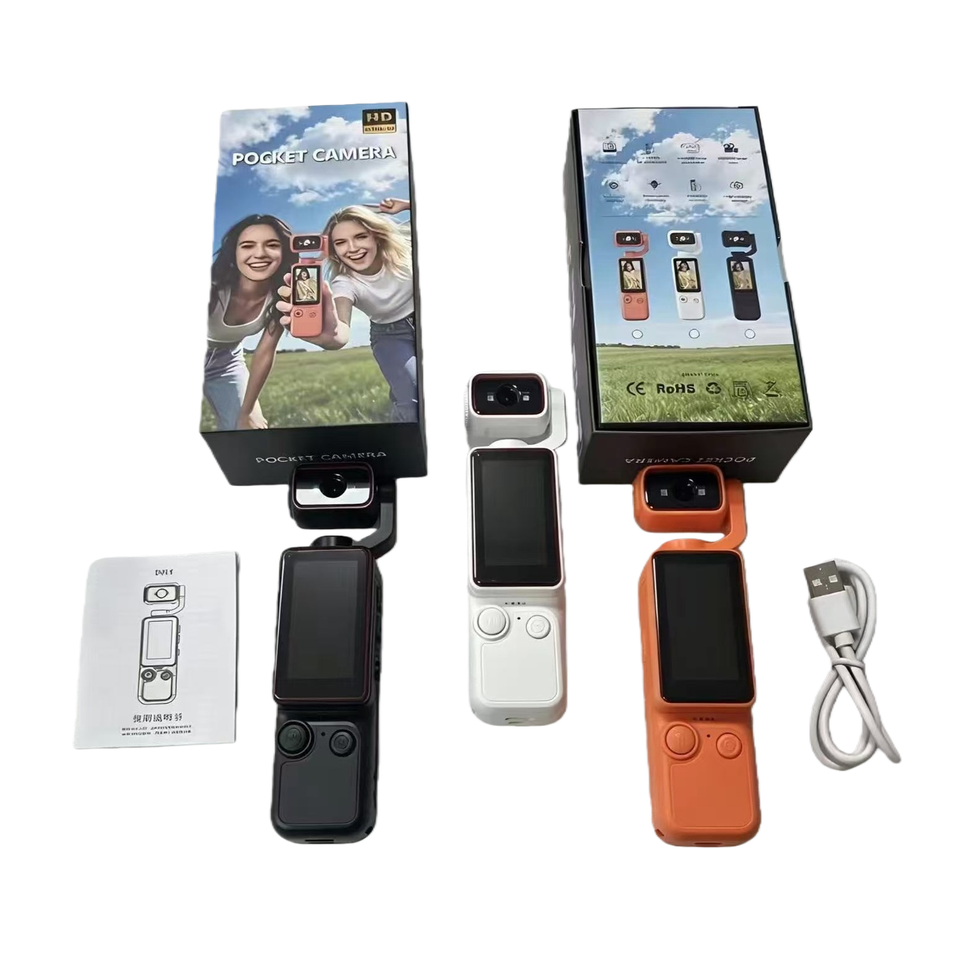 The three-color portable pocket camera set comes with a packaging box and a charging cable, making it a lightweight and portable shooting tool Item Picture