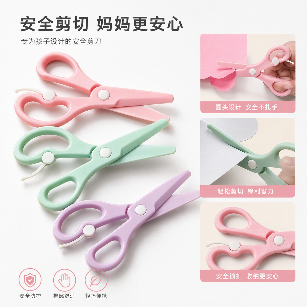儿童彩色安全剪刀三色可选弹簧助力桌面剪裁彩纸彩笔适用安全环保